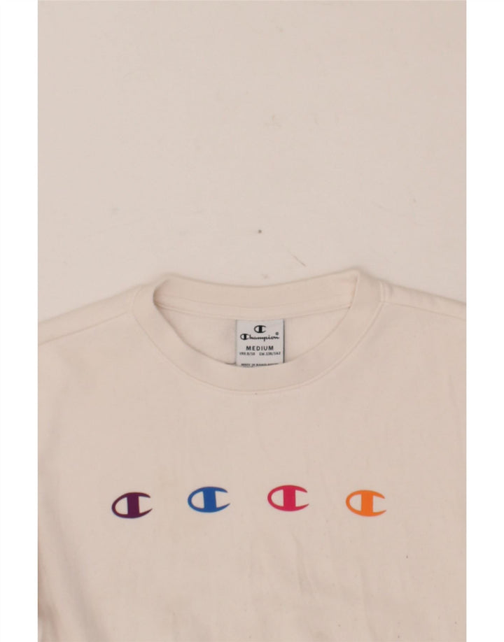 CHAMPION Girls Graphic Sweatshirt Jumper 9-10 Years Medium White Cotton Vintage Champion and Second-Hand Champion from Messina Hembry 