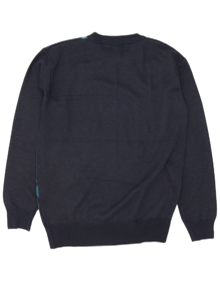 Vintage Mens Crew Neck Jumper Sweater Large Navy Blue Argyle/Diamond Wool