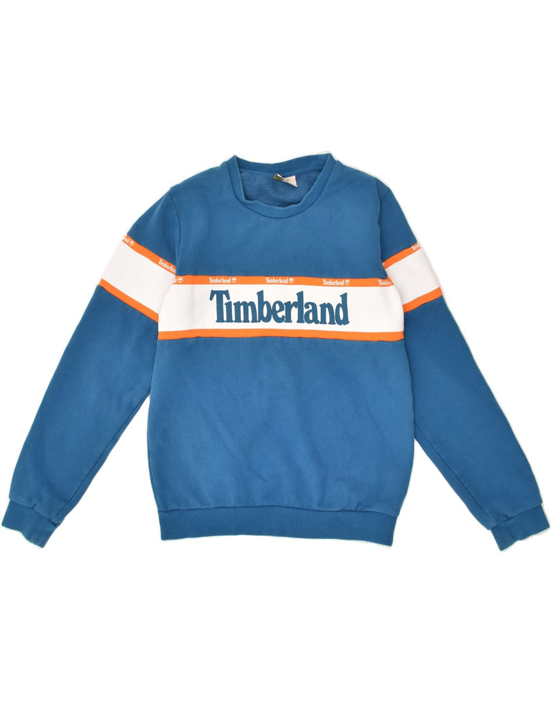 TIMBERLAND Boys Graphic Sweatshirt Jumper 13-14 Years Blue Colourblock Vintage Timberland and Second-Hand Timberland from Messina Hembry 