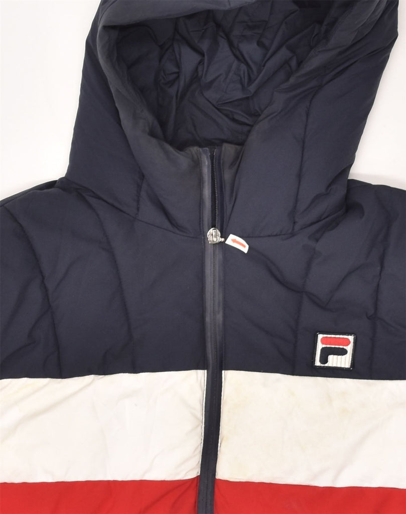 FILA Mens Hooded Padded Jacket UK 36 Small Navy Blue Colourblock Polyester | Vintage Fila | Thrift | Second-Hand Fila | Used Clothing | Messina Hembry 