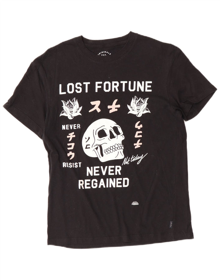 JACK & JONES Mens Graphic T-Shirt Top Medium Black Cotton
