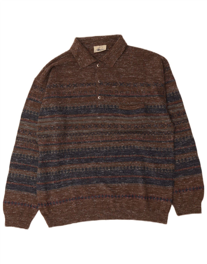Rodes Mens Polo Neck Jumper Sweater Large Brown Striped Wool