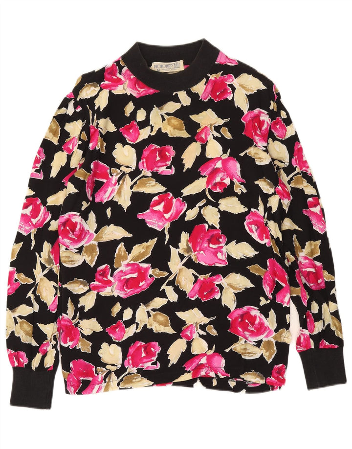 Vintage Womens Top Long Sleeve UK 14 Medium Black Floral Viscose