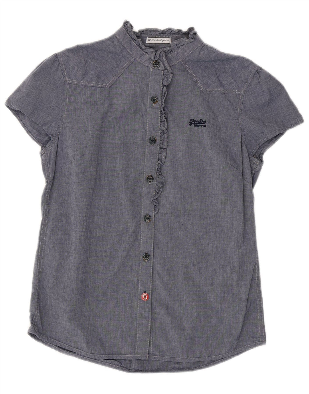 SUPERDRY Womens Ruffle Front Shirt Blouse UK 12 Medium Navy Blue