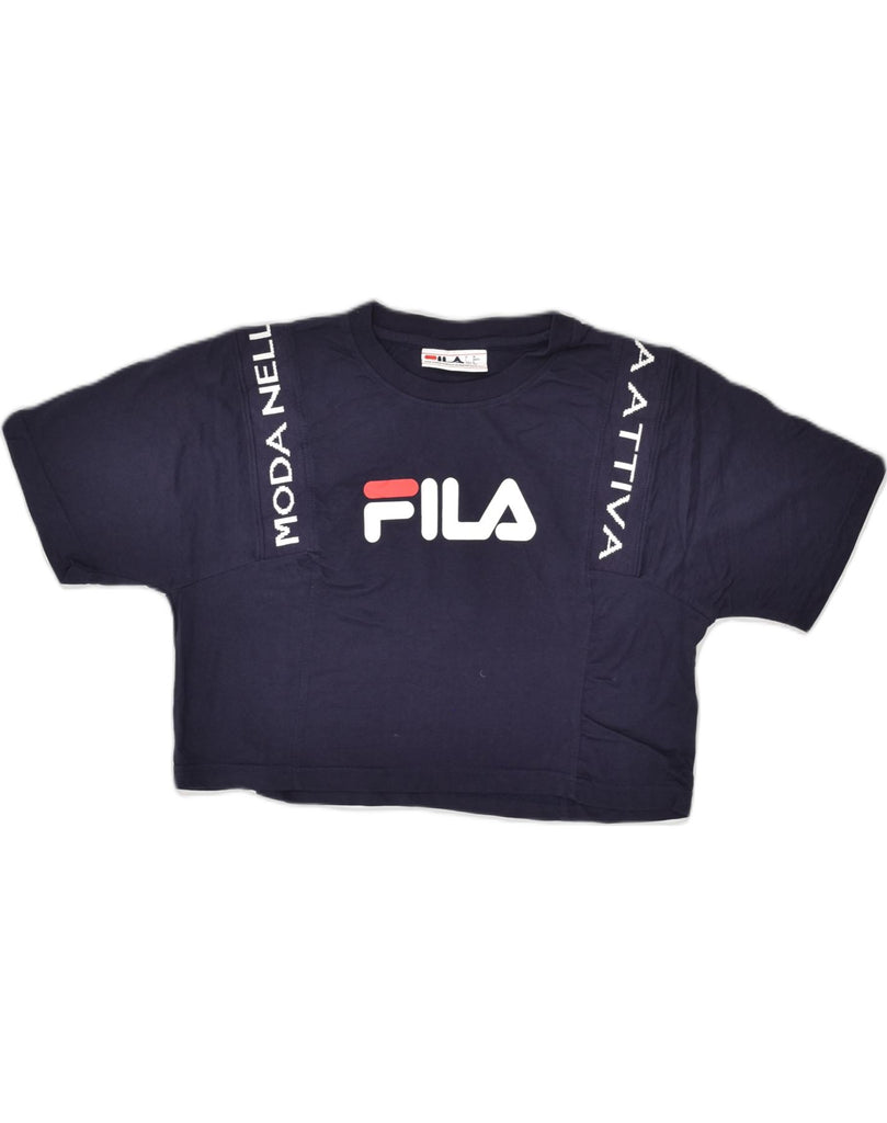 FILA Womens Crop Graphic T-Shirt Top UK 10 Small Navy Blue Cotton | Vintage Fila | Thrift | Second-Hand Fila | Used Clothing | Messina Hembry 