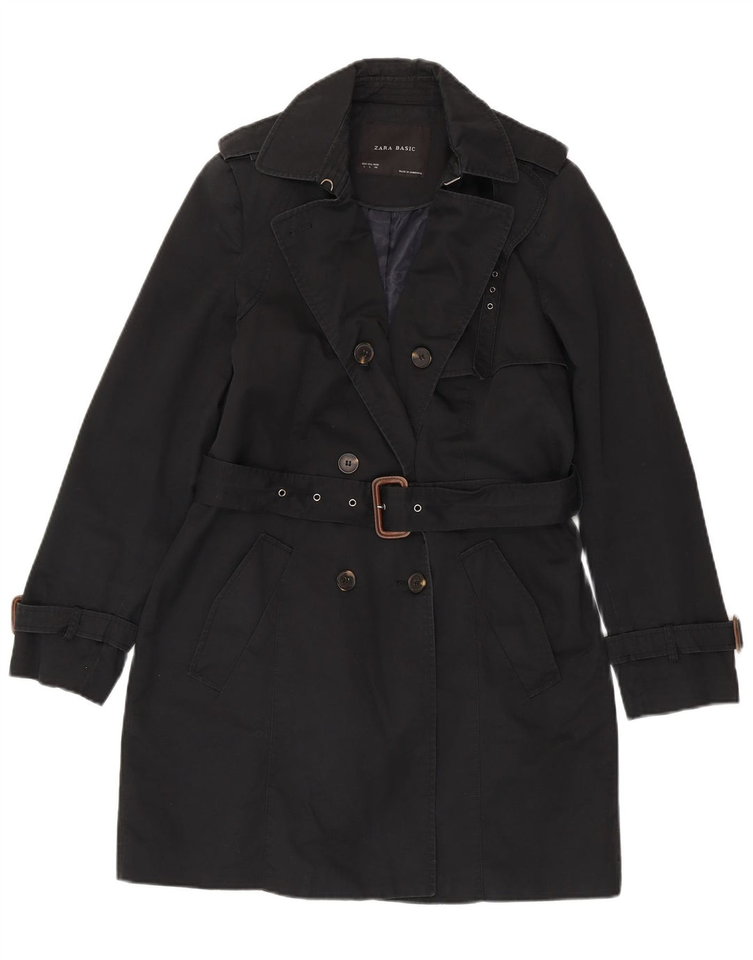 Zara Womens Trench Coat UK 16 Large Black Cotton