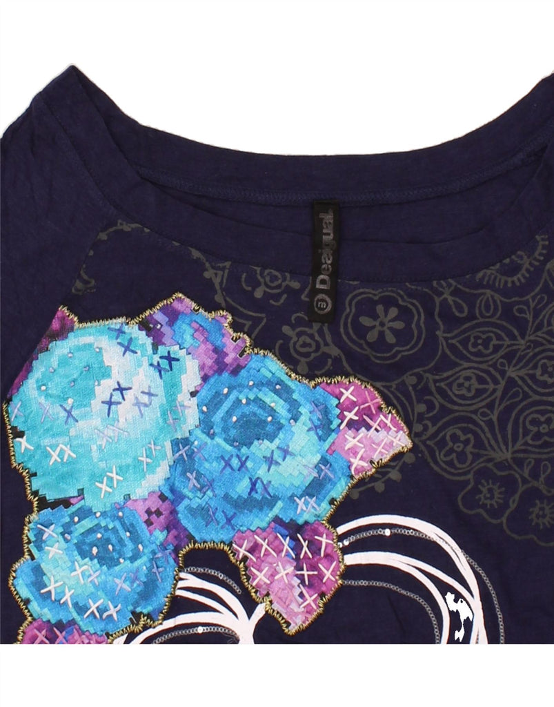 DESIGUAL Womens Graphic Top Long Sleeve UK 12 Medium Purple Floral Cotton | Vintage Desigual | Thrift | Second-Hand Desigual | Used Clothing | Messina Hembry 