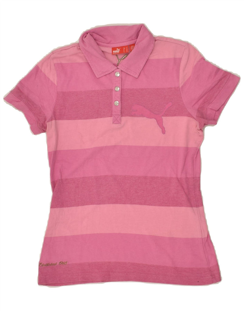 PUMA Womens Polo Shirt UK 10 Small Pink Striped Cotton | Vintage Puma | Thrift | Second-Hand Puma | Used Clothing | Messina Hembry 