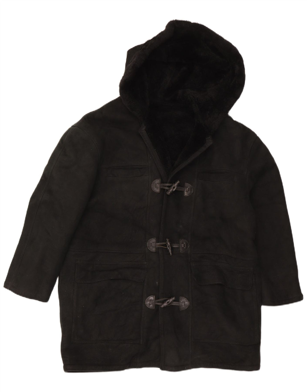 Vintage Womens Hooded Oversized Shearling Coat UK 16 Large Black