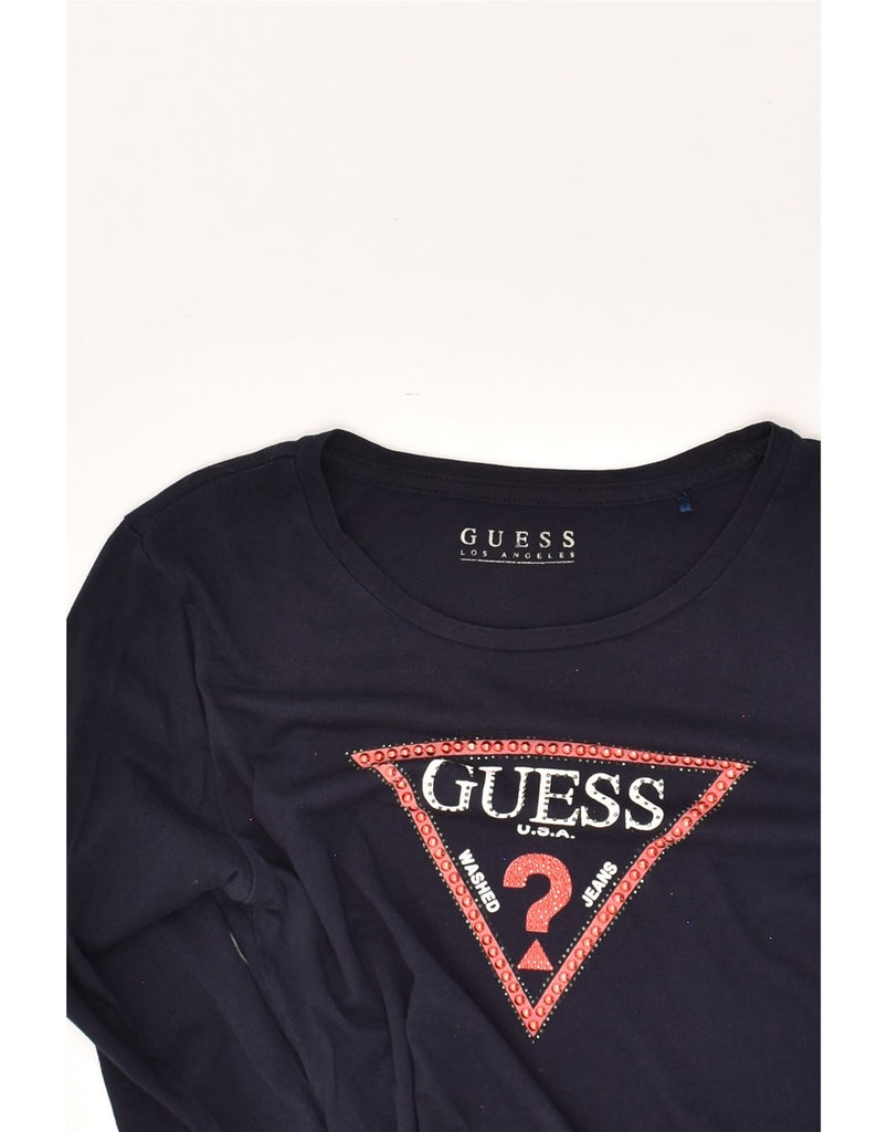 GUESS Womens Graphic Top Long Sleeve UK 6 XS Navy Blue Cotton | Vintage Guess | Thrift | Second-Hand Guess | Used Clothing | Messina Hembry 