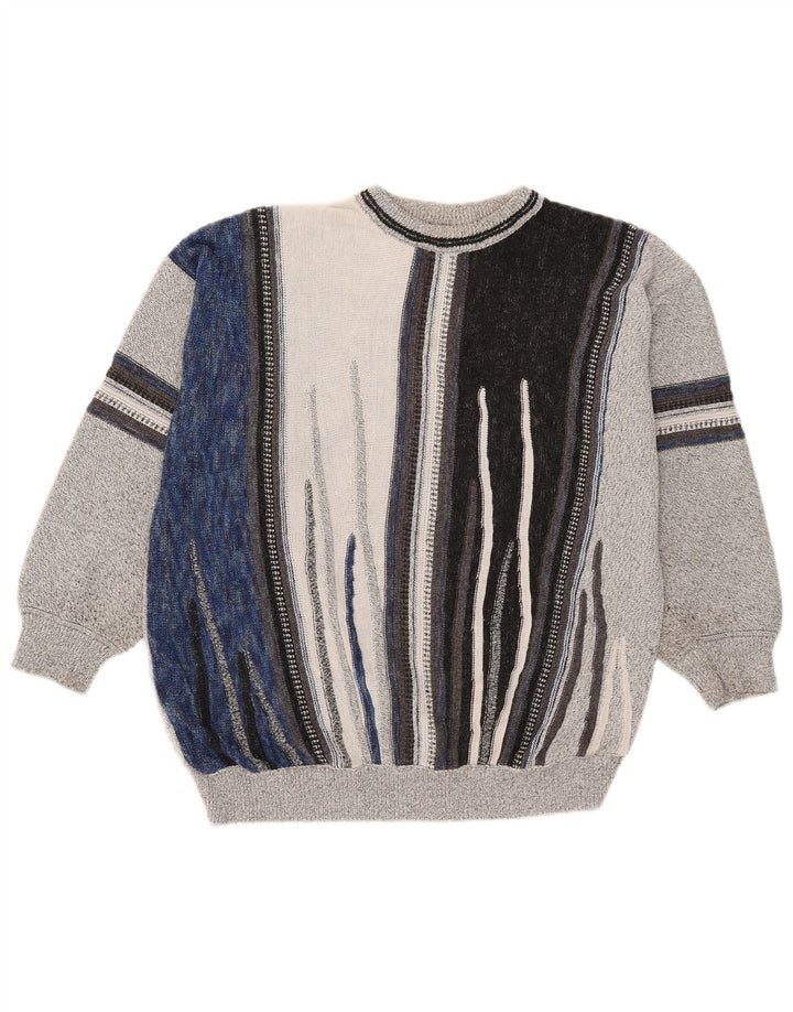 Vintage Mens Crew Neck Jumper Sweater Large Grey Striped Cotton