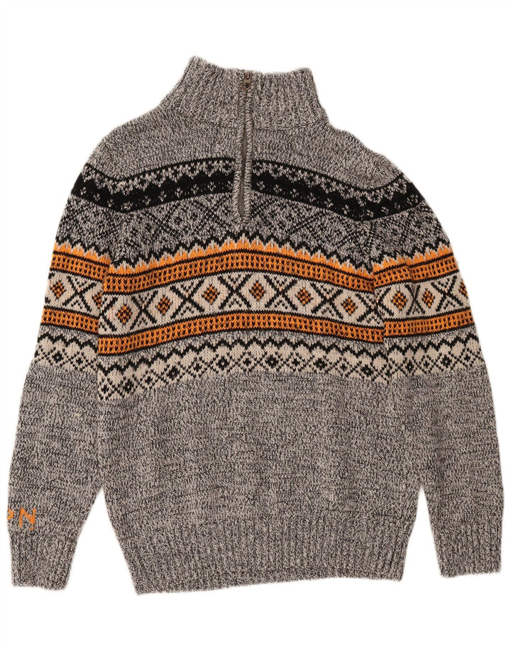 Superdry Mens Zip Neck Jumper Sweater Large Grey Fair Isle Acrylic