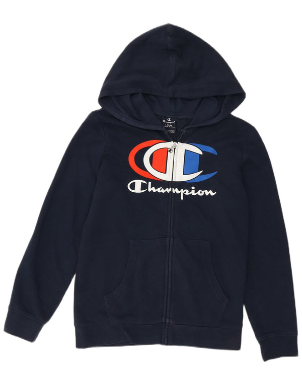 Champion Boys Graphic Zip Hoodie Sweater 11-12 Years Large Navy Blue Cotton