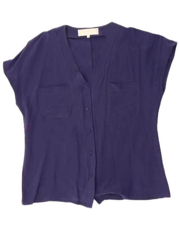 Vintage Womens loose Short Sleeve Shirt Blouse UK 10 Small Navy Blue Silk