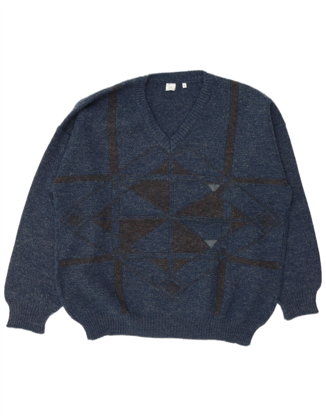 VINTAGE Mens V-Neck Jumper Sweater IT 52 Large Navy Blue Geometric