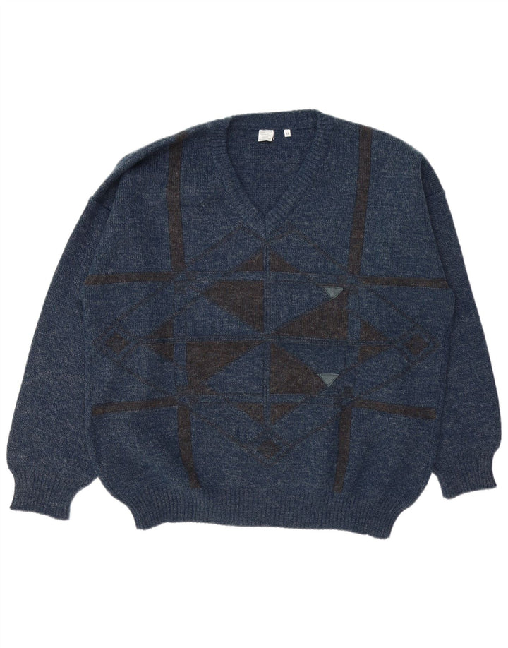 VINTAGE Mens V-Neck Jumper Sweater IT 52 Large Navy Blue Geometric