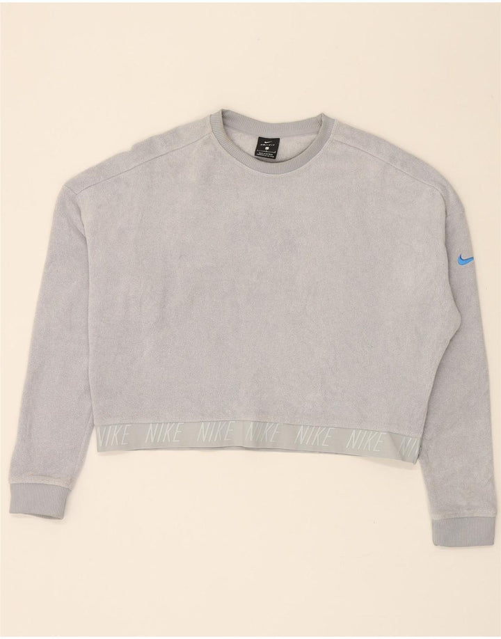 NIKE Womens Dri Fit Oversized Graphic Fleece Jumper UK 16 Large Grey Vintage Nike and Second-Hand Nike from Messina Hembry 