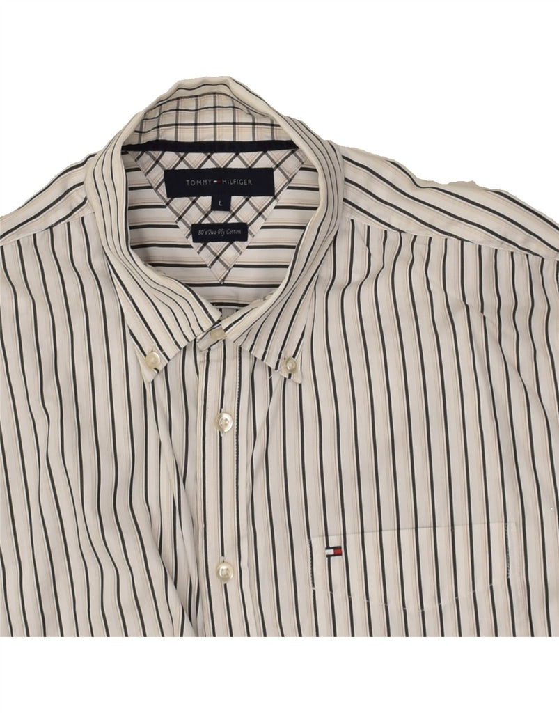 TOMMY HILFIGER Mens Shirt Large White Striped Cotton | Vintage Tommy Hilfiger | Thrift | Second-Hand Tommy Hilfiger | Used Clothing | Messina Hembry 