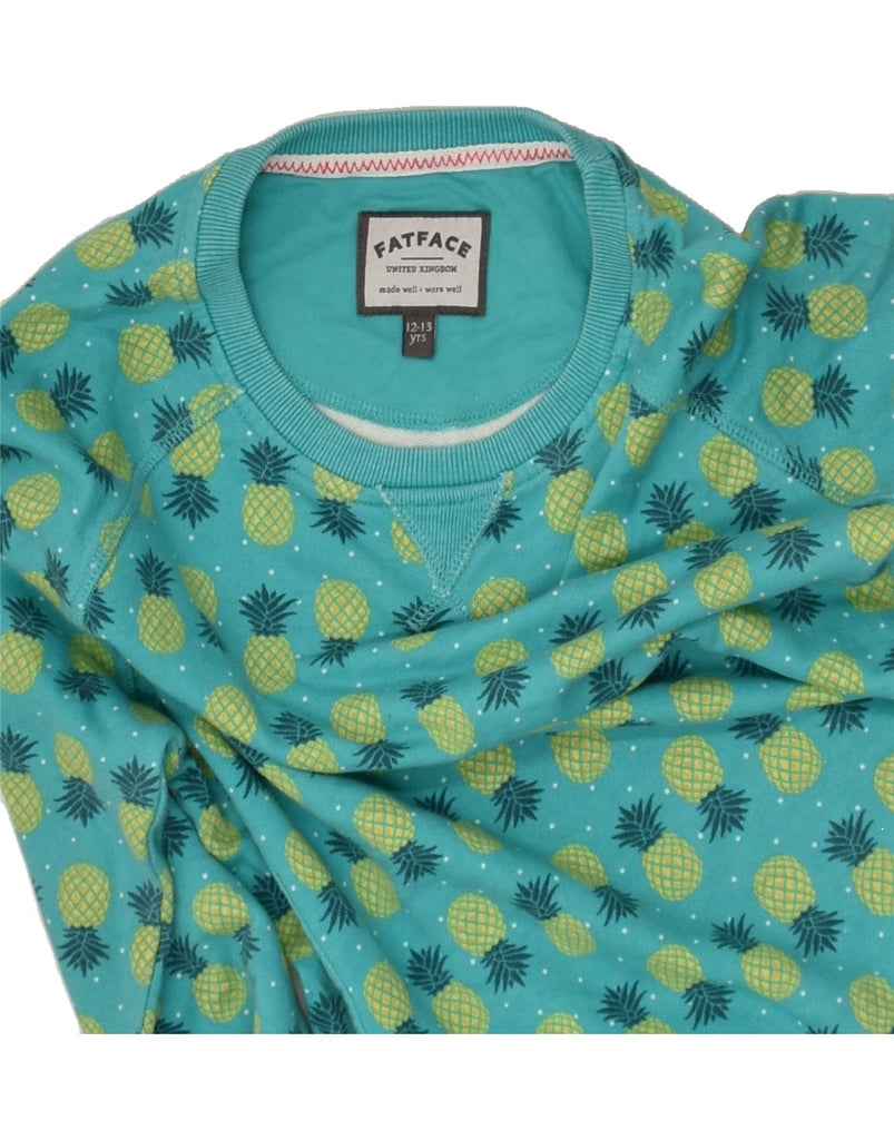 FAT FACE Girls Graphic Sweatshirt Jumper 12-13 Years Turquoise Cotton | Vintage Fat Face | Thrift | Second-Hand Fat Face | Used Clothing | Messina Hembry 