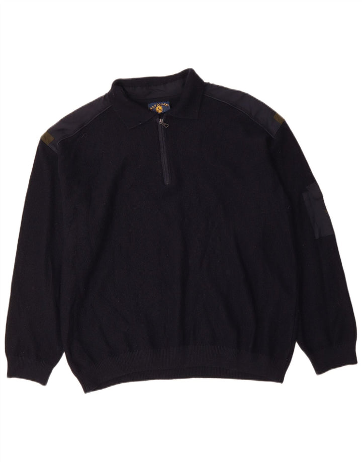 NAVIGARE Mens Zip Neck Polo Neck Jumper Sweater 2XL Navy Blue Merino Wool