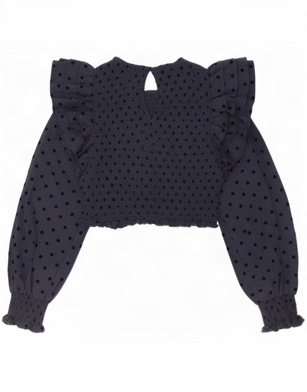 Zara Womens Crop Blouse Top UK 4 XS Navy Blue Polka Dot Cotton