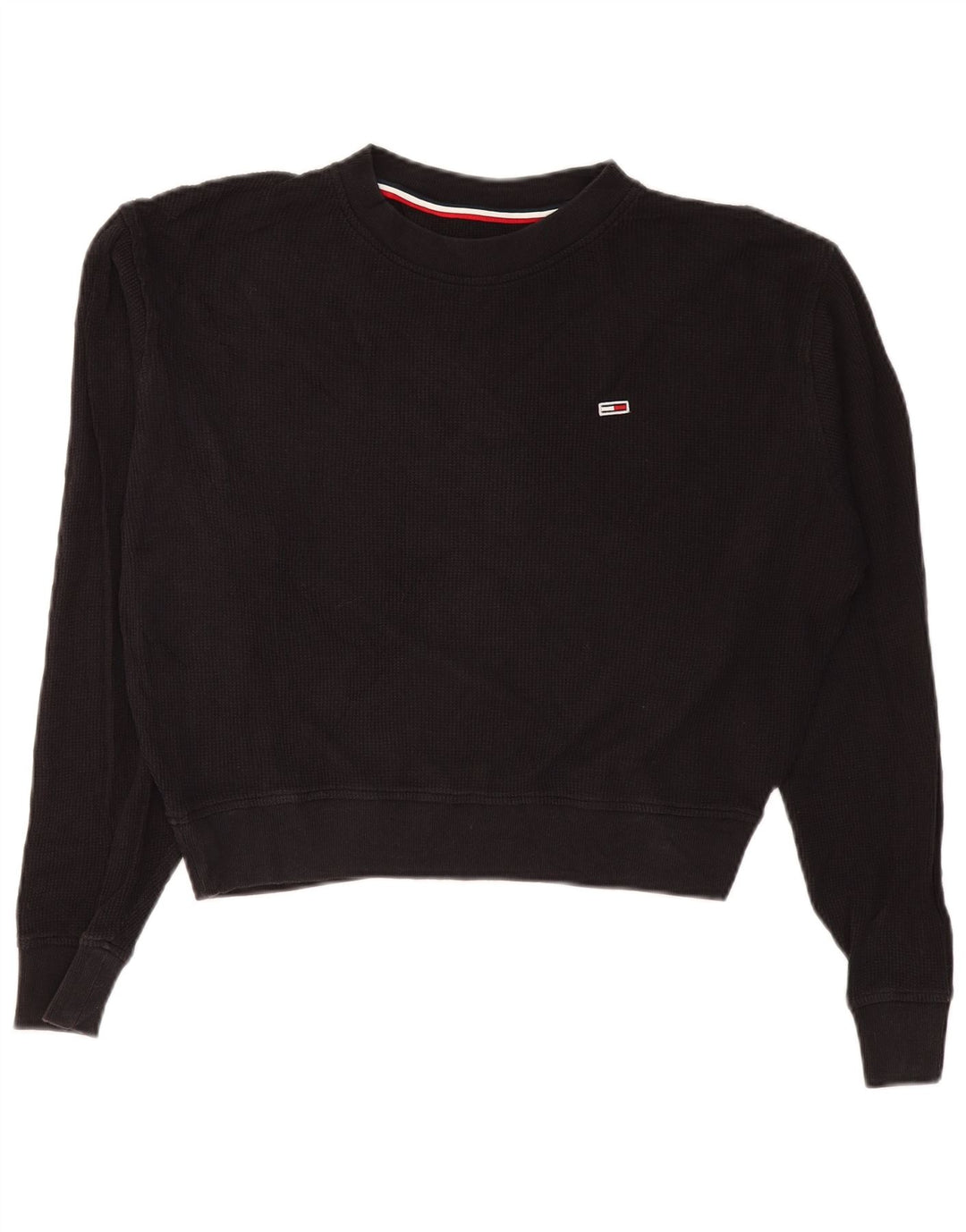 TOMMY HILFIGER Womens Oversized Crop Top Long Sleeve UK 10 Small Black