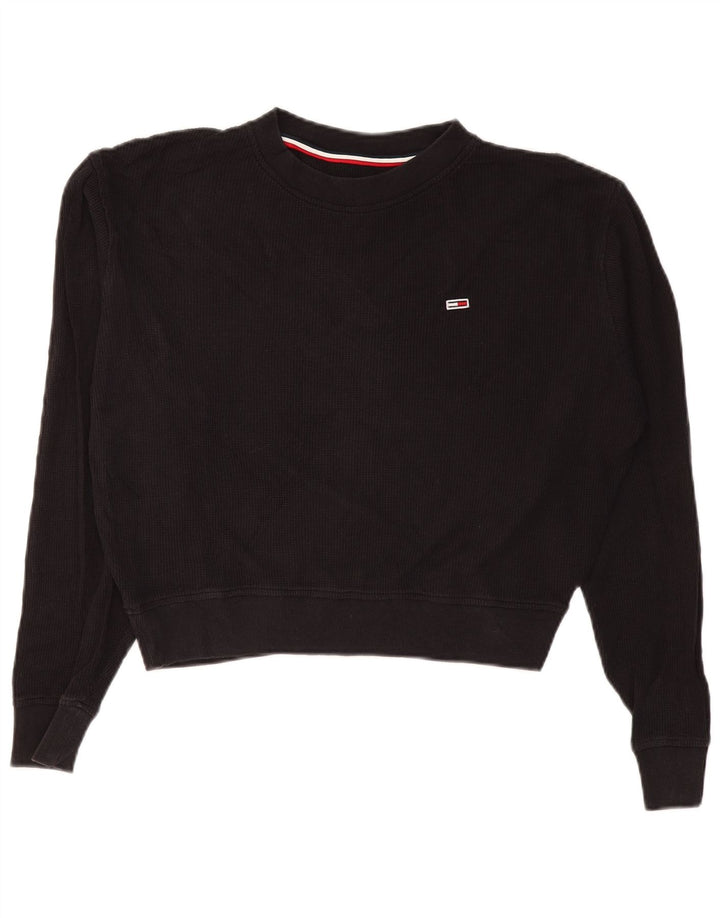 TOMMY HILFIGER Womens Oversized Crop Top Long Sleeve UK 10 Small Black