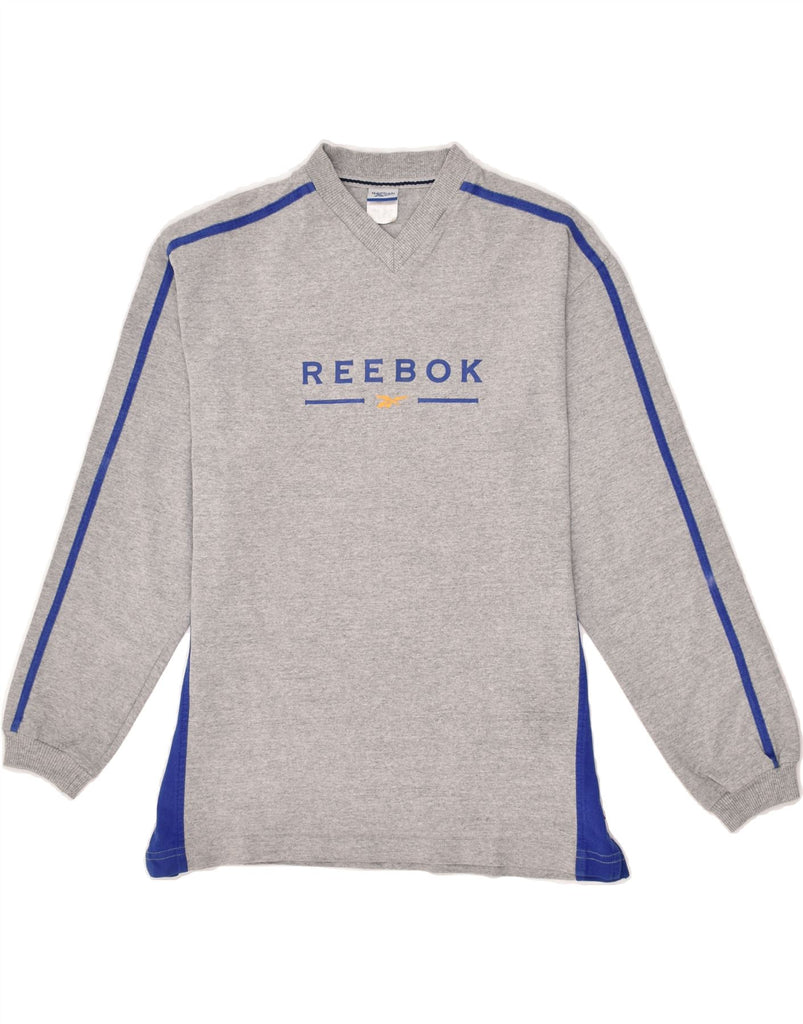 REEBOK Womens Graphic Top Long Sleeve UK 16 Large Grey Colourblock Cotton | Vintage Reebok | Thrift | Second-Hand Reebok | Used Clothing | Messina Hembry 