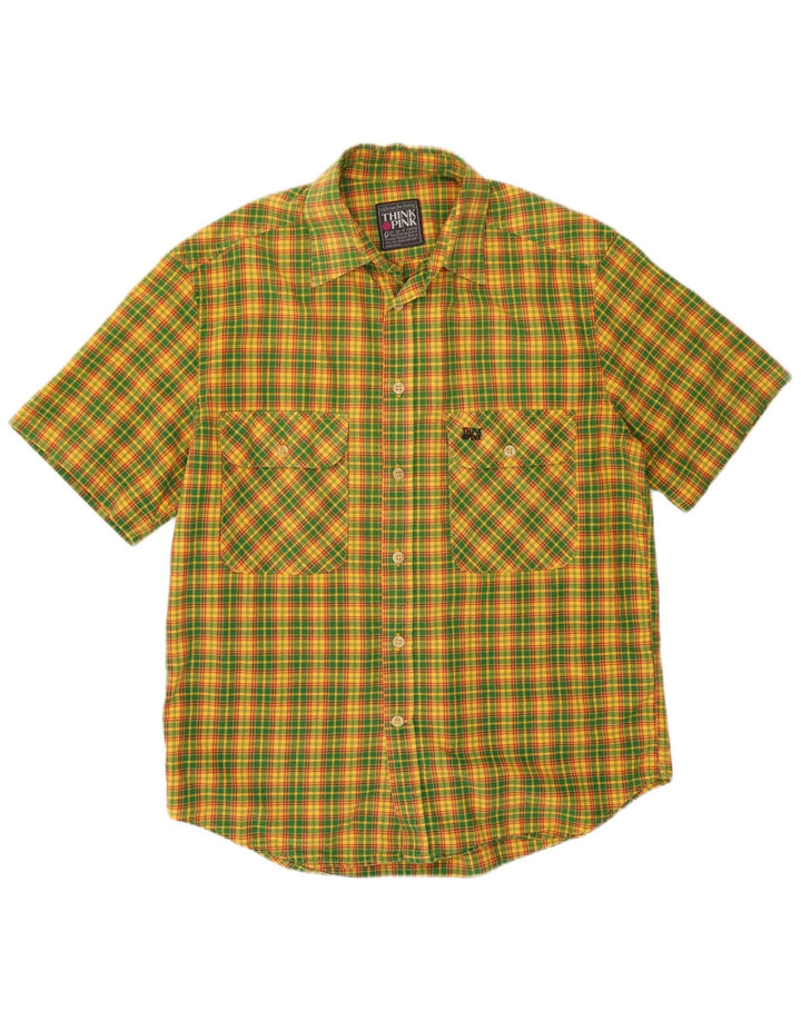 Think Pink Mens Short Sleeve Shirt Small Yellow Check Cotton