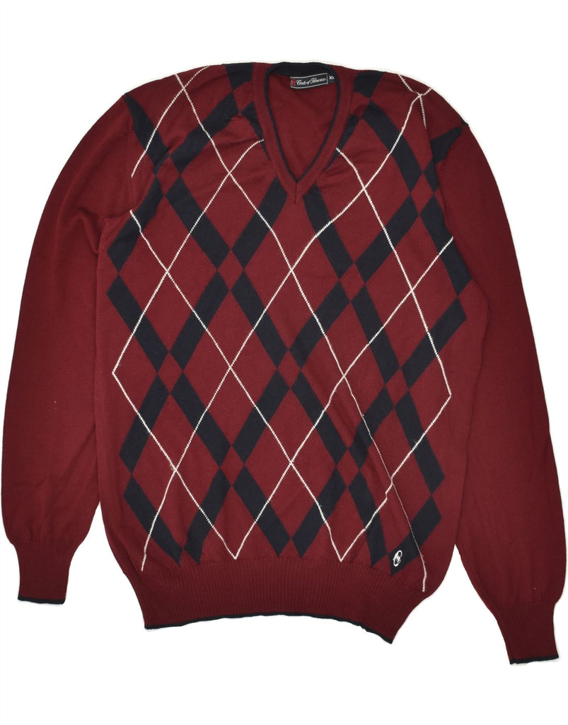 CONTE OF FLORENCE Mens V-Neck Jumper Sweater 2XL Maroon Argyle/Diamond | Vintage Conte of Florence | Thrift | Second-Hand Conte of Florence | Used Clothing | Messina Hembry 