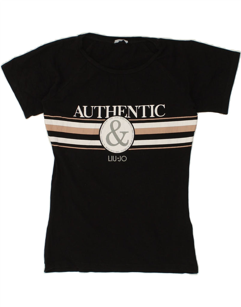 LIU JO Womens Graphic T-Shirt Top UK 10 Small Black Cotton | Vintage Liu Jo | Thrift | Second-Hand Liu Jo | Used Clothing | Messina Hembry 