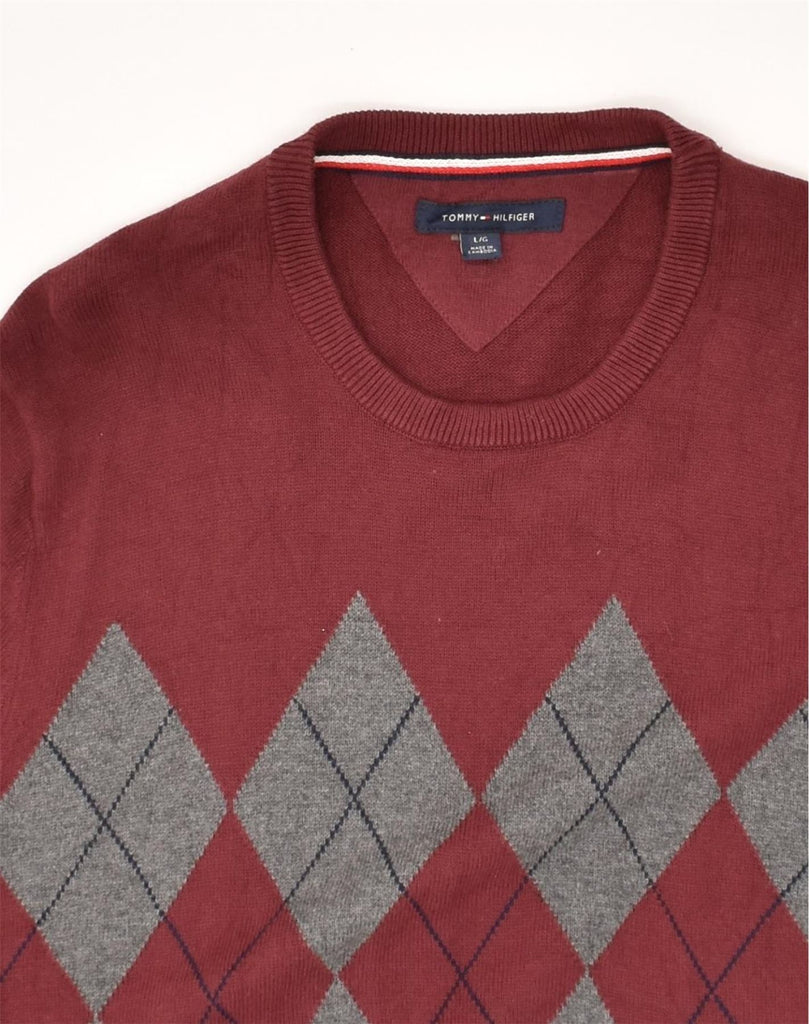 TOMMY HILFIGER Mens Crew Neck Jumper Sweater Large Red Argyle/Diamond | Vintage Tommy Hilfiger | Thrift | Second-Hand Tommy Hilfiger | Used Clothing | Messina Hembry 