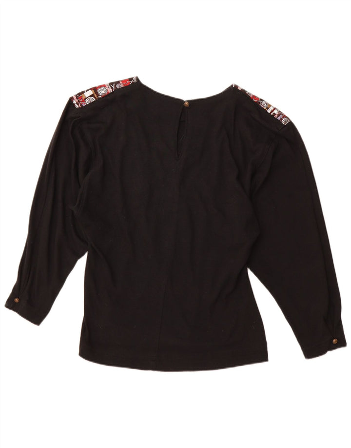 VINTAGE Womens Graphic Long Sleeve Blouse Top UK 12 Medium Black Acrylic