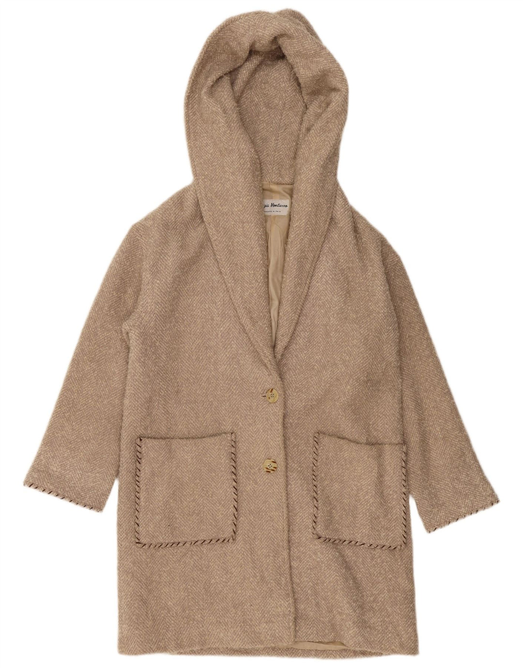 VINTAGE Womens Oversized Hooded Overcoat UK 10 Small Beige Herringbone