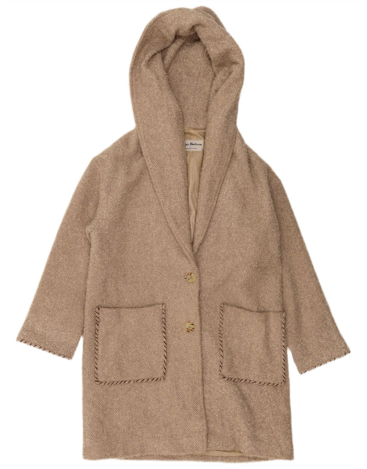 VINTAGE Womens Oversized Hooded Overcoat UK 10 Small Beige Herringbone