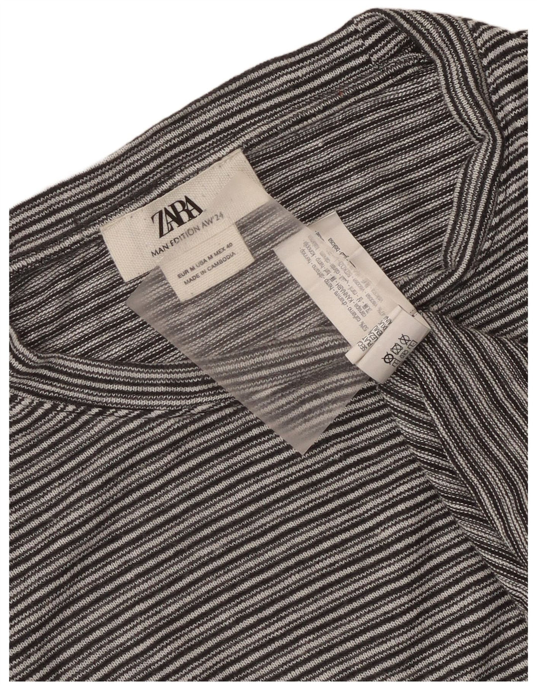 Zara Mens T-Shirt Top Medium Grey Striped Hemp