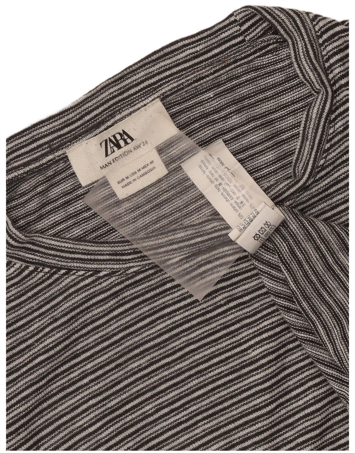 Zara Mens T-Shirt Top Medium Grey Striped Hemp