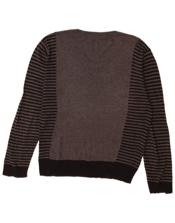 PEPE Jeans Mens V-Neck Jumper Sweater Small Grey Striped Cotton
