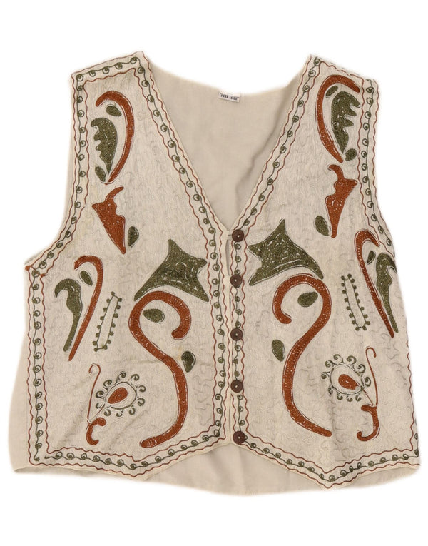 Vintage Womens Abstract Pattern Waistcoat One Size White Rayon