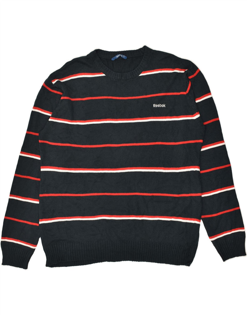 REEBOK Mens Boat Neck Jumper Sweater XL Black Striped Acrylic | Vintage Reebok | Thrift | Second-Hand Reebok | Used Clothing | Messina Hembry 