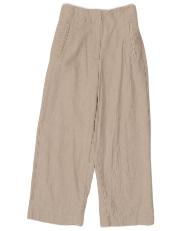 Zara Womens High Waist Wide Leg Cropped Trousers Small W26 L24 Beige Cotton