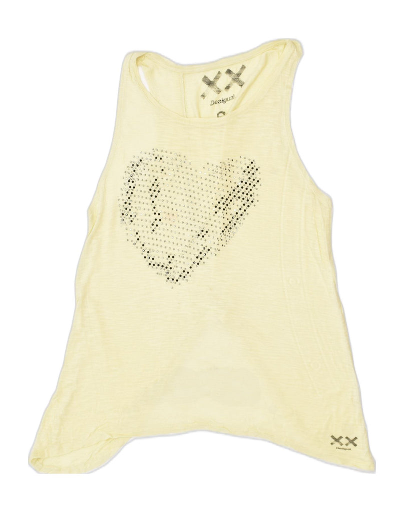 DESIGUAL Womens Sleeveless Graphic Tunic Top UK 10 Small Yellow Cotton | Vintage | Thrift | Second-Hand | Used Clothing | Messina Hembry 