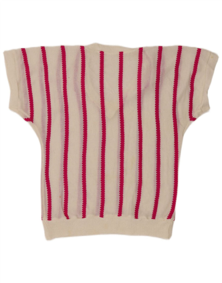 Vintage Womens V-Neck Jumper Sweater UK 12 Medium Off White Striped