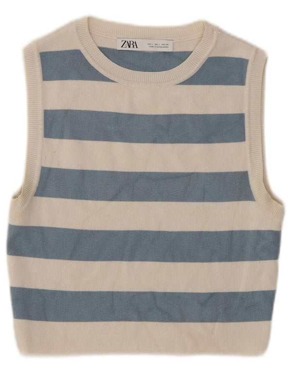 Zara Womens Sleeveless Crop Top UK 14 Large Blue Striped Viscose