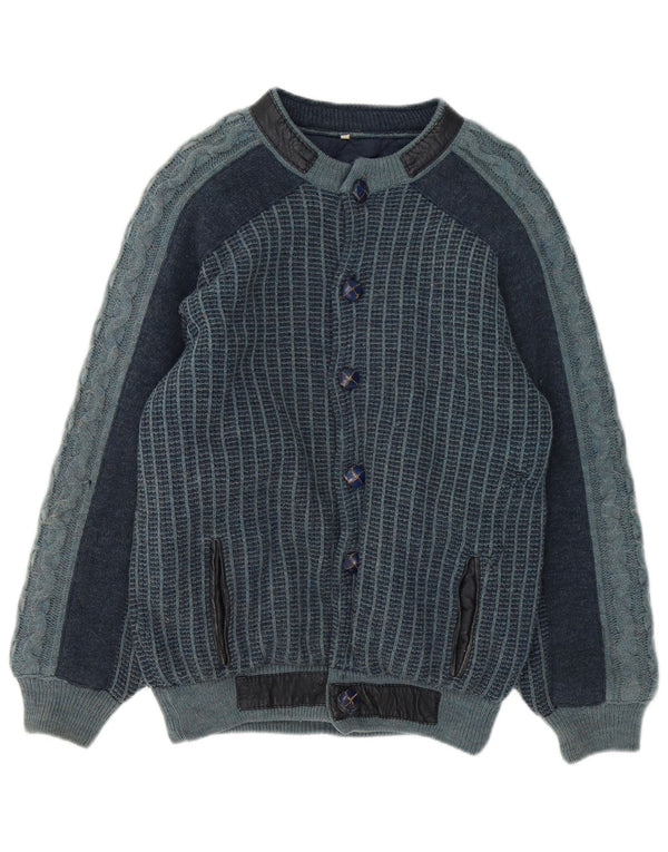 Vintage Mens Knit Bomber Jacket IT 48 Medium Navy Blue Striped Acrylic