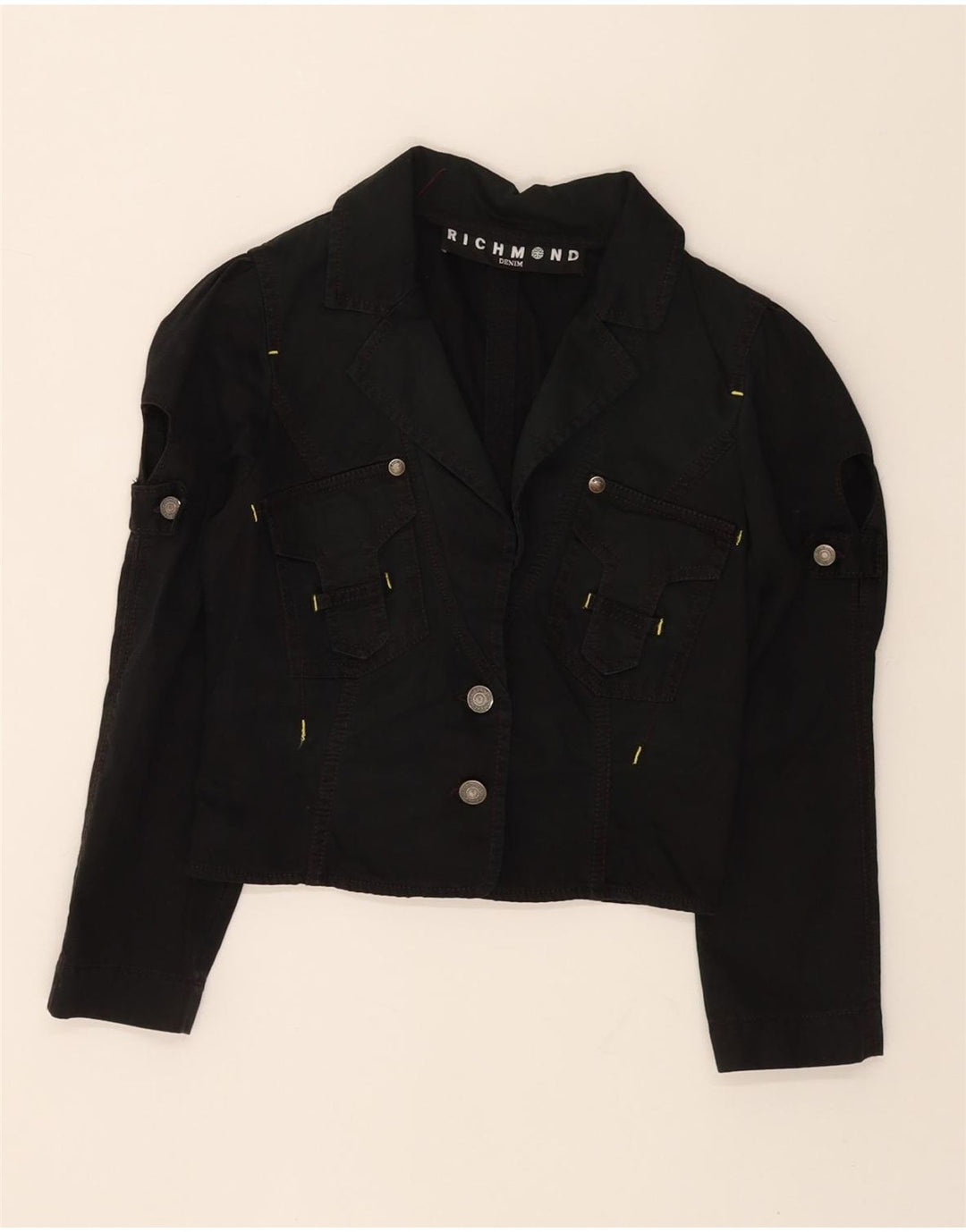 RICHMOND Womens 3/4 Sleeve Crop Denim Jacket IT 40 Small Black Cotton Vintage Richmond and Second-Hand Richmond from Messina Hembry 