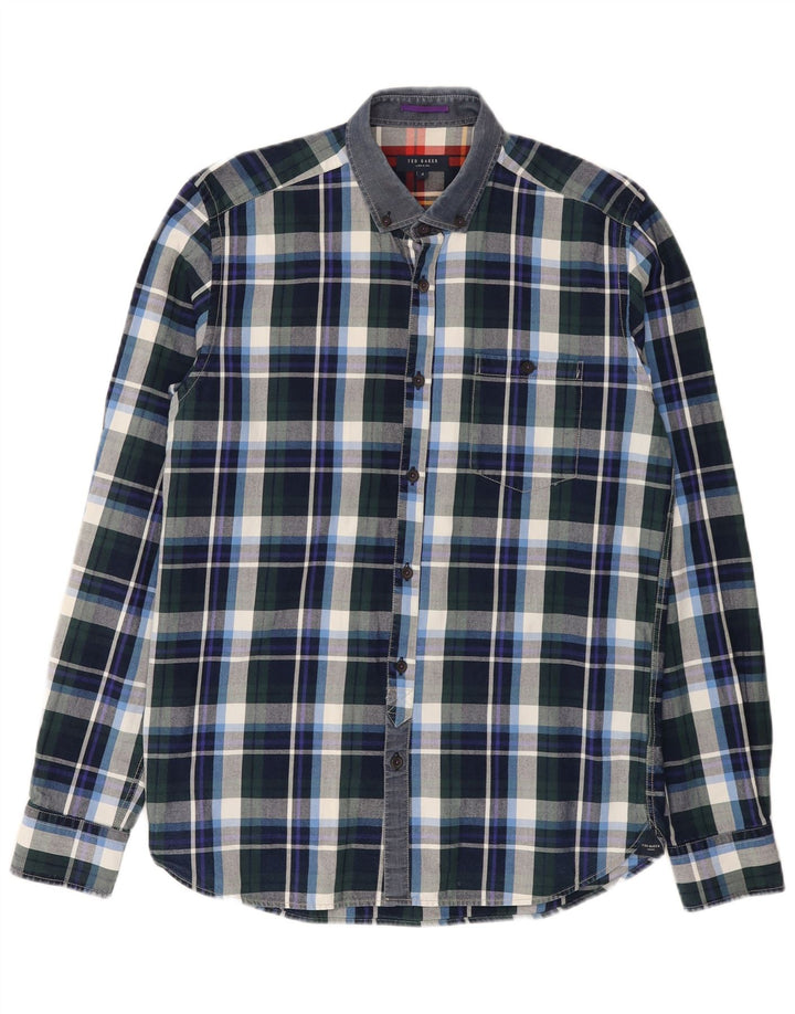 Ted Baker Mens Shirt Size 4 Large Navy Blue Check Cotton