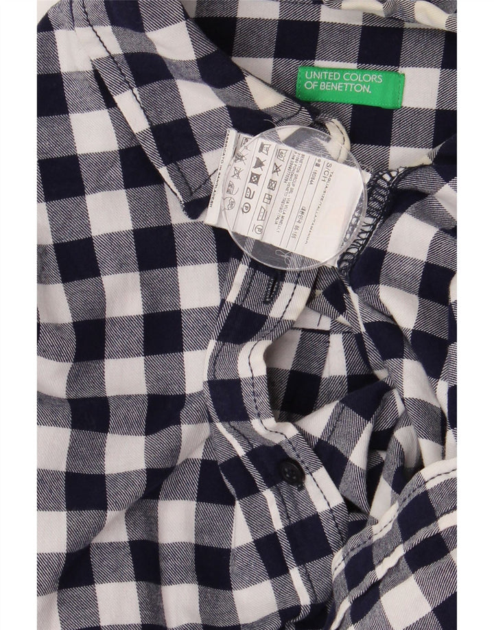 Benetton Womens Longline Flannel Shirt UK 10 Small Navy Blue Gingham