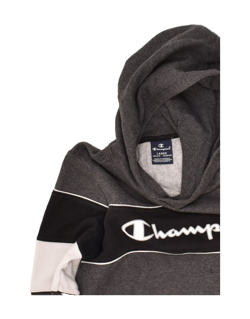CHAMPION Boys Graphic Hoodie Jumper 11-12 Years Large  Grey Colourblock | Vintage Champion | Thrift | Second-Hand Champion | Used Clothing | Messina Hembry 