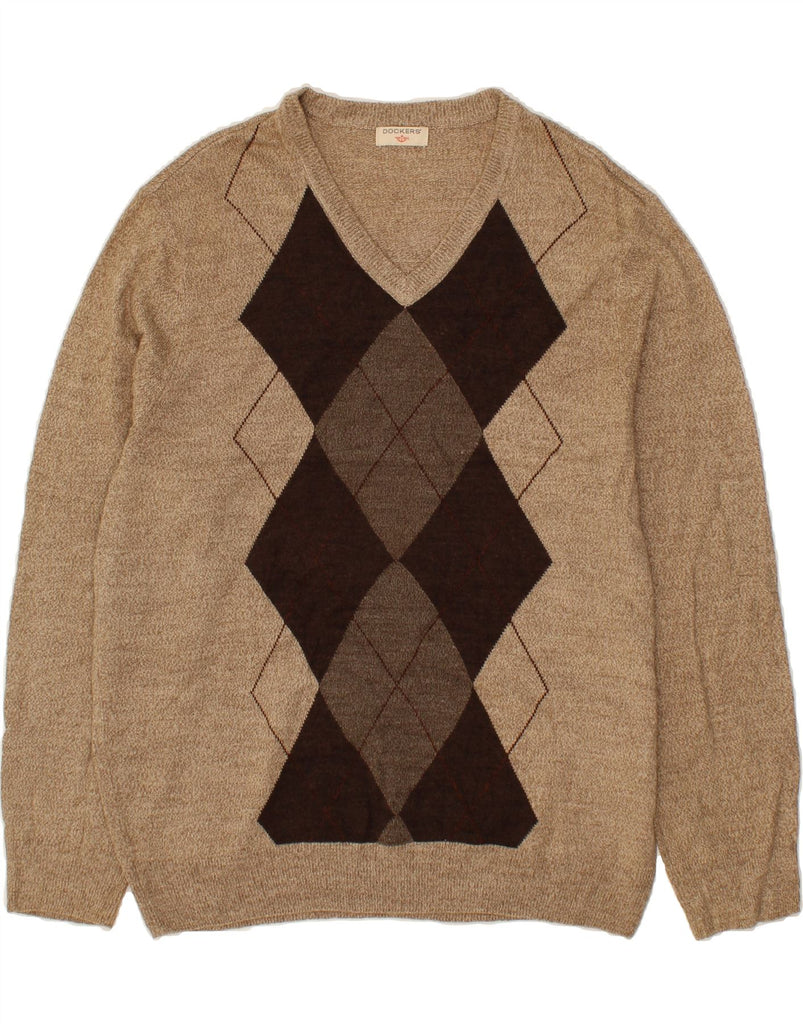 DOCKERS Mens V-Neck Jumper Sweater Large Beige Argyle/Diamond Vintage Dockers and Second-Hand Dockers from Messina Hembry 